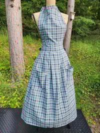 Image 1 of Cotton Long Pinafore Apron in Blue Plaid 