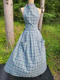 Image 3 of Cotton Long Pinafore Apron in Blue Plaid 