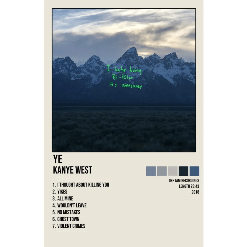 Image of Kanye West 'Ye' Album Canvas Poster - Inspiring Bipolar Quote with Mountain Landscape