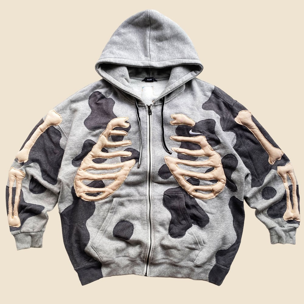 REWORKED NIKE FLOW 3D PUFF SKELETON GREY ON GREY ZIPHOODIE SIZE L