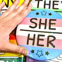 Image 1 of GIANT 6-Inch Pride Flag/Pronoun Button