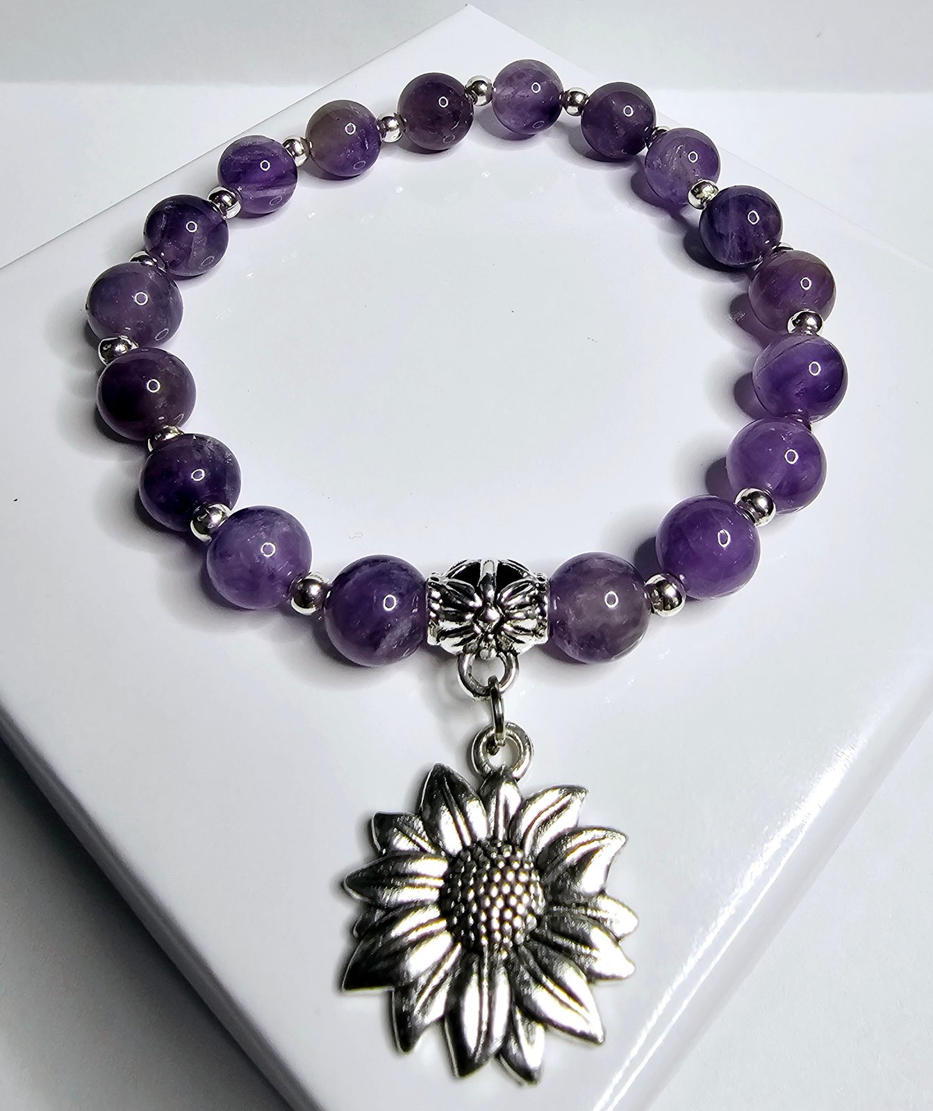 Bluestone Designs Co - Heavy Matte Amethyst with Amethyst Crystal Medallion Beaded Bracelet - Cancer Awareness - High on sale Quality