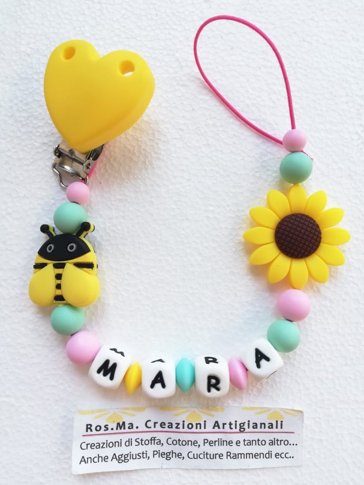 Image of  Porta ciuccio / succhietto in Silicone Apetta e Girasole personalizzati con il nome 