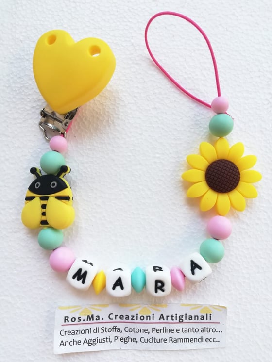 Image of  Porta ciuccio / succhietto in Silicone Apetta e Girasole personalizzati con il nome 