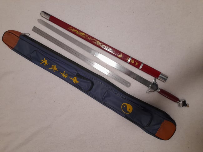 SET - Training Tai Chi Jian Blunt Steel Sword + Carrying Bag Martial Arts Knives Sticks MMA Wu Shu