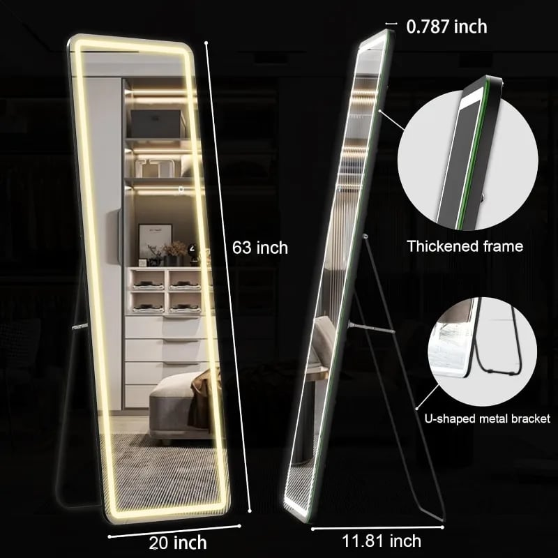 Led Full Length Mirror with Stand 63"x 20" 3 Color Modes Dimming Lights, Full Body Mirror