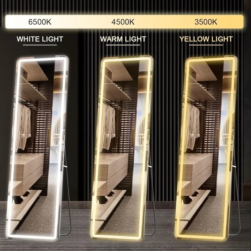 Led Full Length Mirror with Stand 63"x 20" 3 Color Modes Dimming Lights, Full Body Mirror