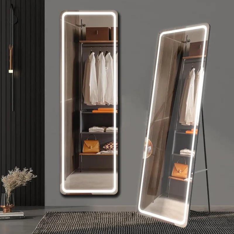 Led Full Length Mirror with Stand 63"x 20" 3 Color Modes Dimming Lights, Full Body Mirror 