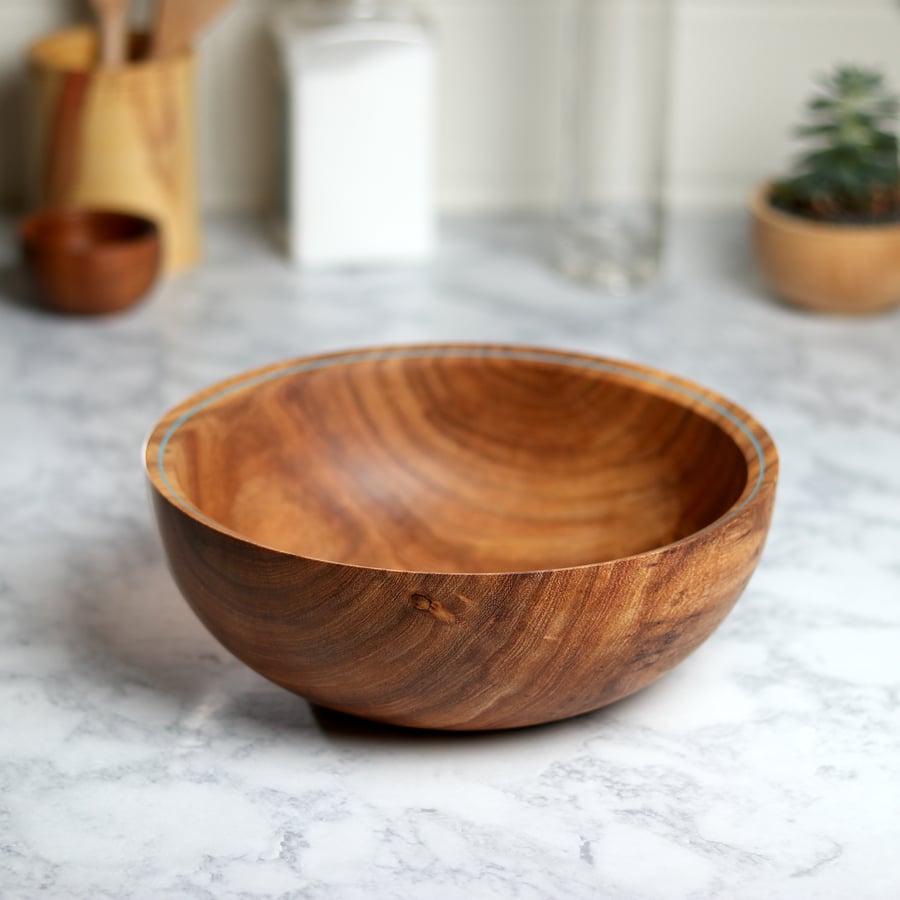 Image of Handmade Mesquite Bowl with Turquoise Inlay Rim