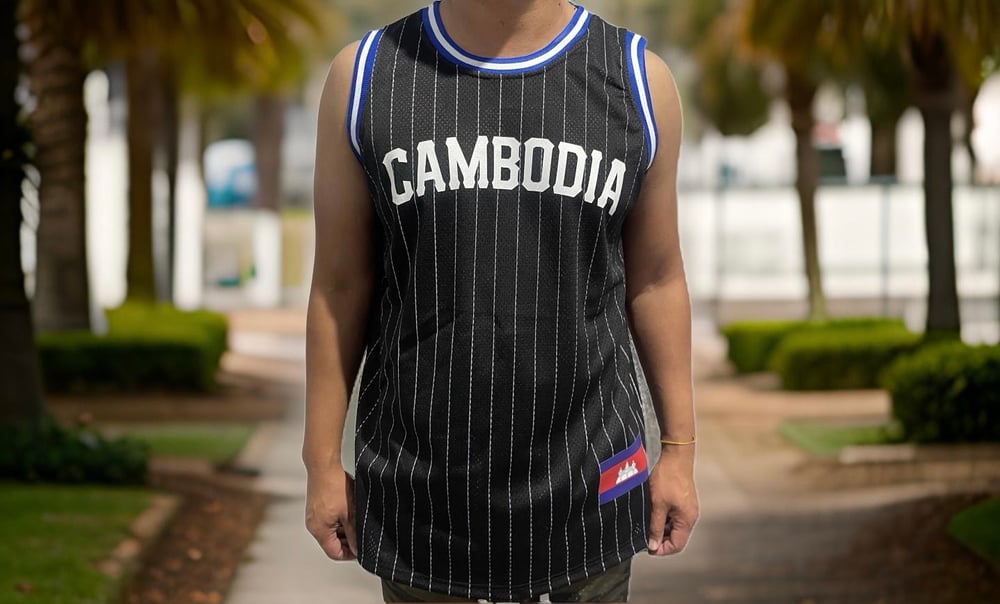 Image of Cambodia Basketball Jersey Black/White Pinstripes