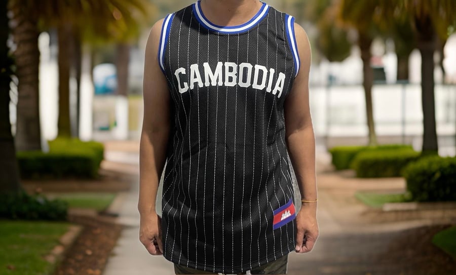 Image of Cambodia Basketball Jersey Black/White Pinstripes 