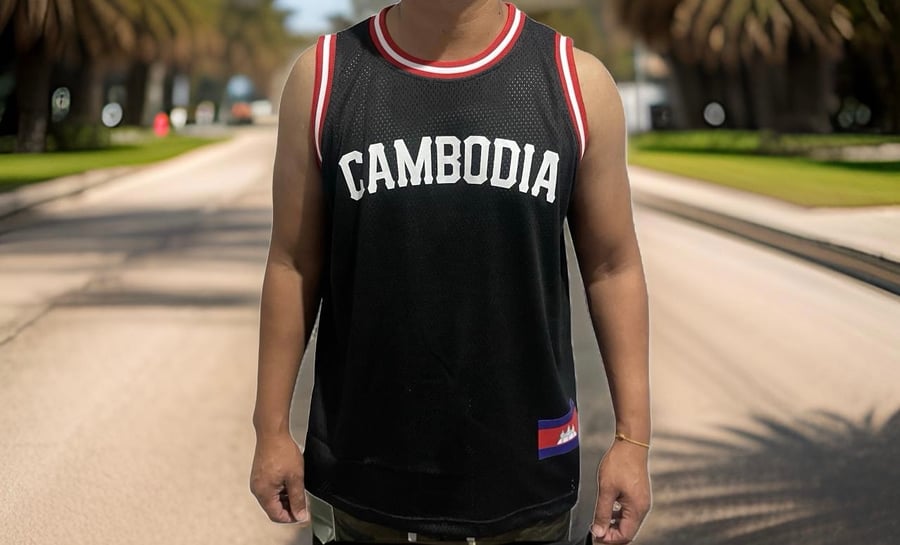 Image of Cambodia Basketball Jersey Black / Red and White Trim 