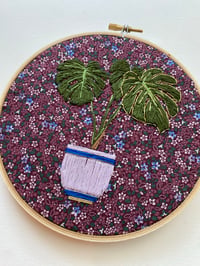 Image 3 of Original Hand Embroidery Artwork - “Illuminated Monstera” (Purple Tiny Floral)