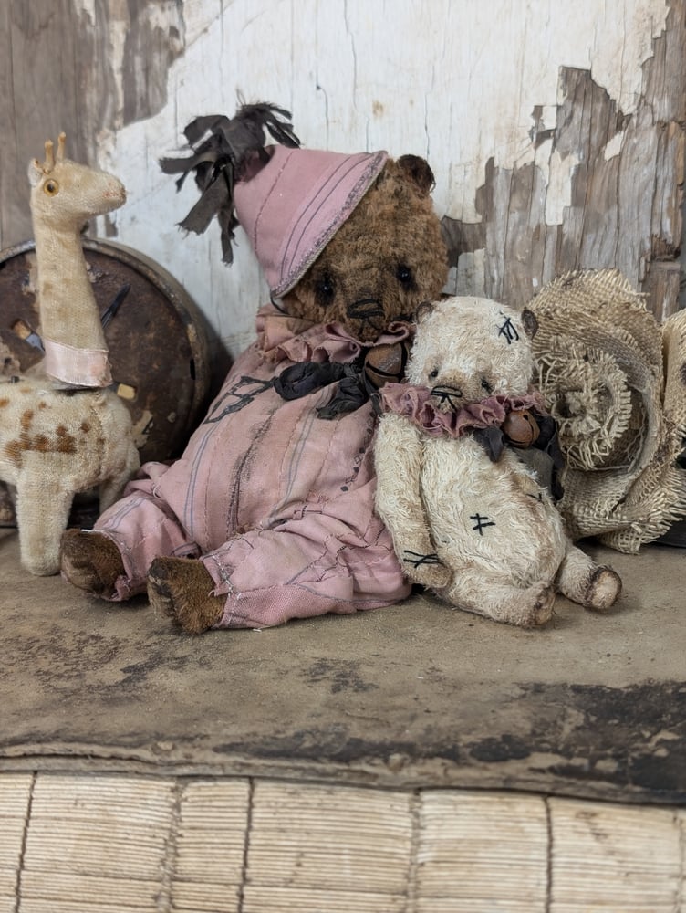 Image of  9"  Vintage Carnival Teddy Bear w/ aged handmade romper outfit by Whendi's Bears