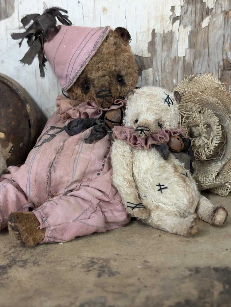 Image of  9"  Vintage Carnival Teddy Bear w/ aged handmade romper outfit by Whendi's Bears