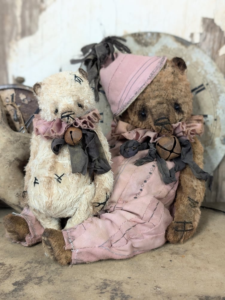 Image of  9"  Vintage Carnival Teddy Bear w/ aged handmade romper outfit by Whendi's Bears