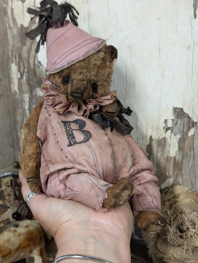 Image of  9"  Vintage Carnival Teddy Bear w/ aged handmade romper outfit by Whendi's Bears