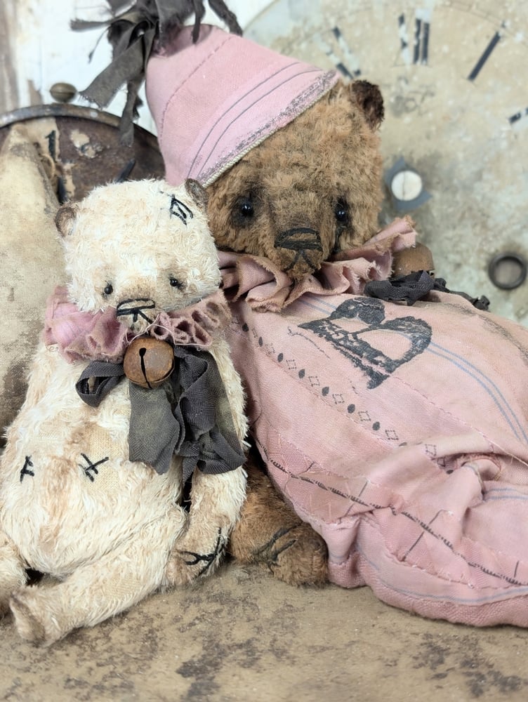 Image of  9"  Vintage Carnival Teddy Bear w/ aged handmade romper outfit by Whendi's Bears