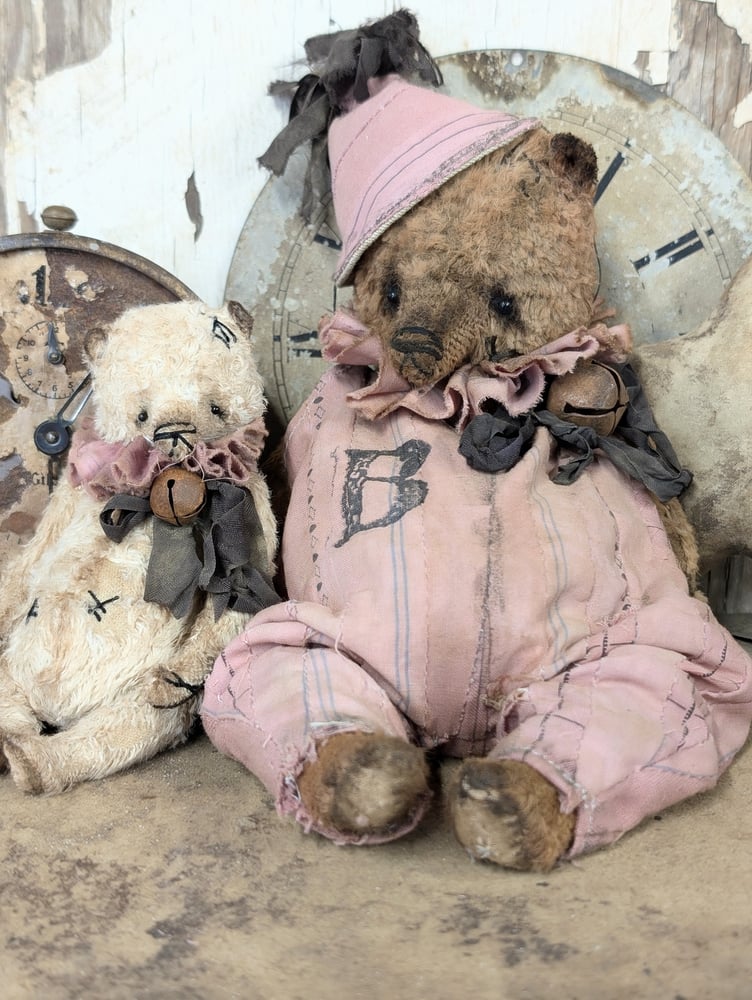 Image of  9"  Vintage Carnival Teddy Bear w/ aged handmade romper outfit by Whendi's Bears