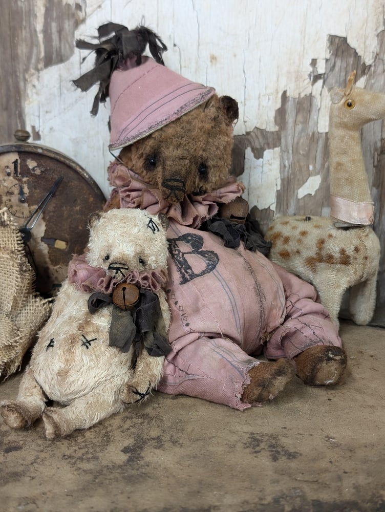 Image of  9"  Vintage Carnival Teddy Bear w/ aged handmade romper outfit by Whendi's Bears