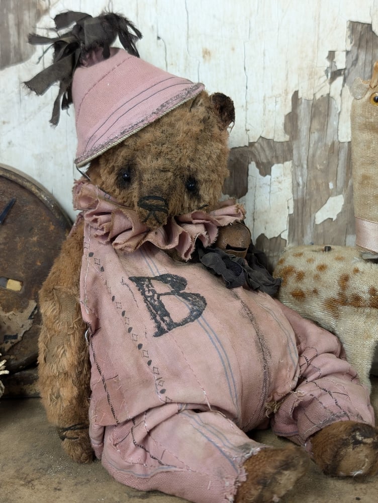 Image of  9"  Vintage Carnival Teddy Bear w/ aged handmade romper outfit by Whendi's Bears