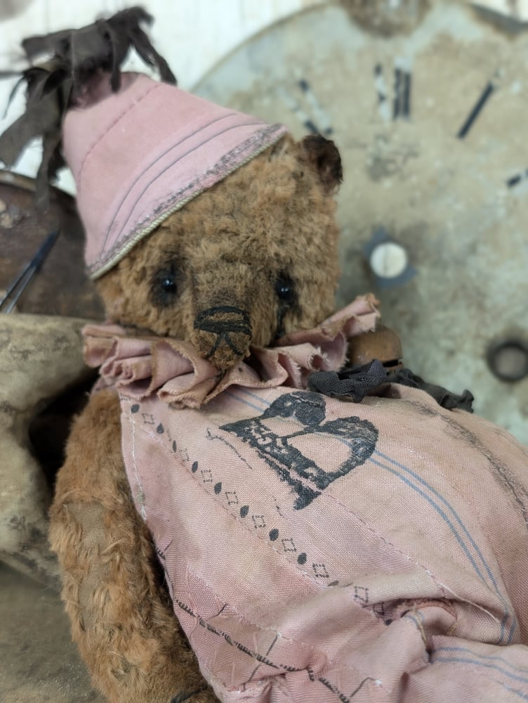 Image of  9"  Vintage Carnival Teddy Bear w/ aged handmade romper outfit by Whendi's Bears