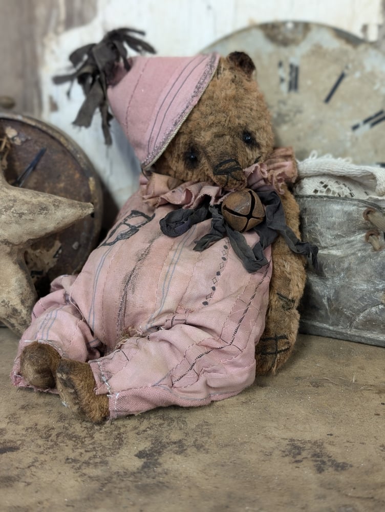 Image of  9"  Vintage Carnival Teddy Bear w/ aged handmade romper outfit by Whendi's Bears