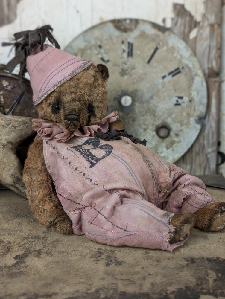 Image of  9"  Vintage Carnival Teddy Bear w/ aged handmade romper outfit by Whendi's Bears