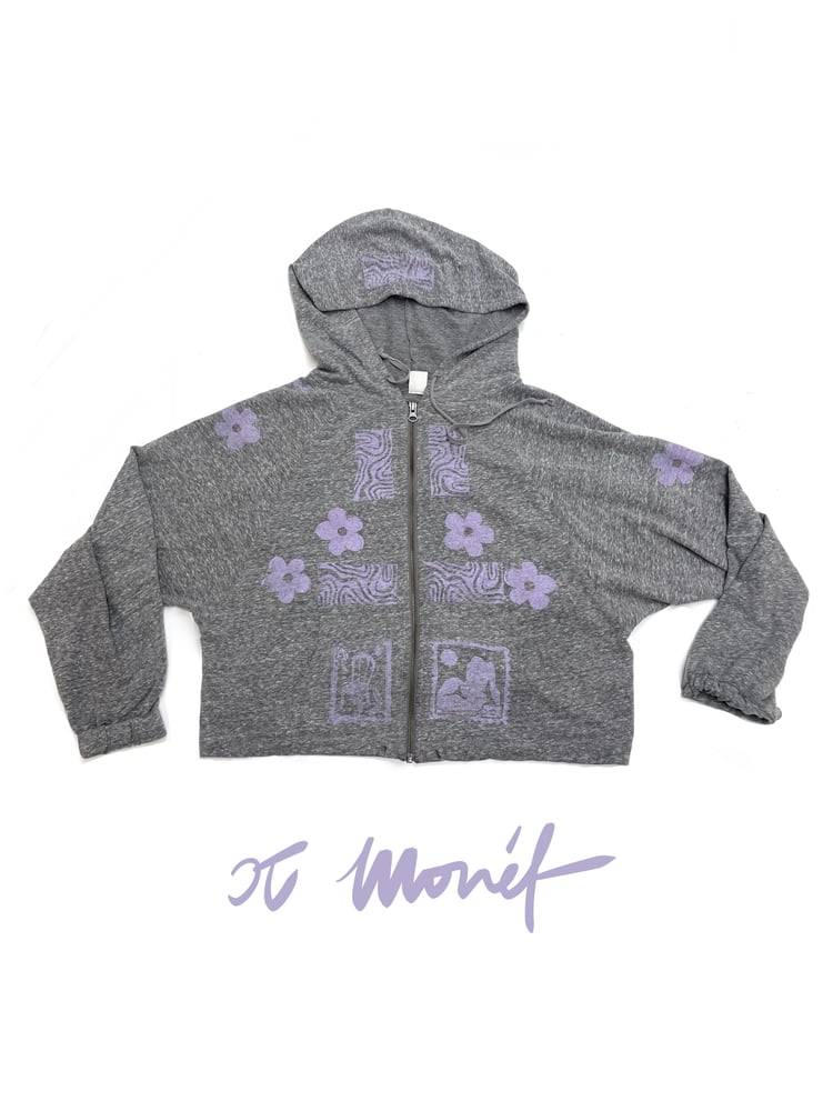 Image of CJ Monét Handprinted Gray Crop Zip-Up Hoodie (M)