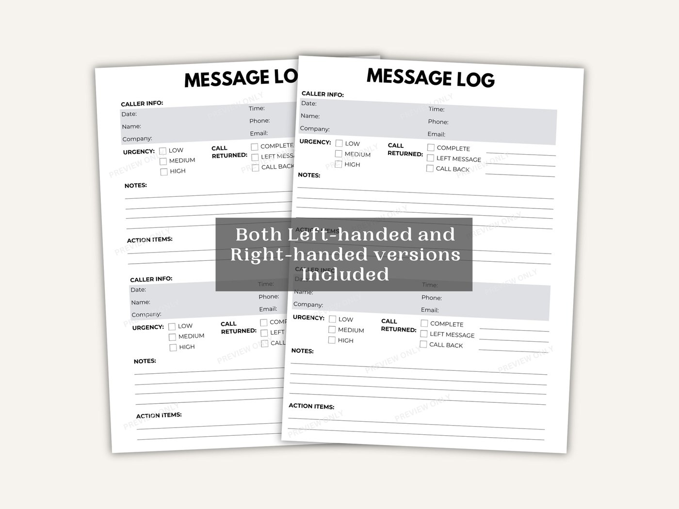 Phone Call Log, Message Log, Voicemail Log, Template for reMarkable 2