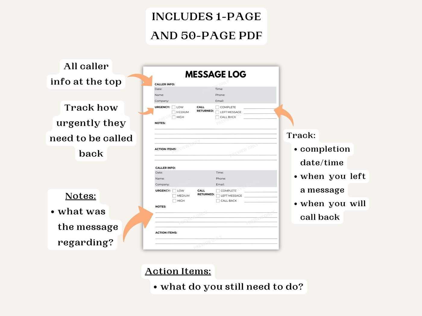 Phone Call Log, Message Log, Voicemail Log, Template for reMarkable 2