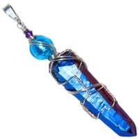 Image 1 of Cobalt Aura Quartz Crystal Pendant with Venetian Glass Foil Bead