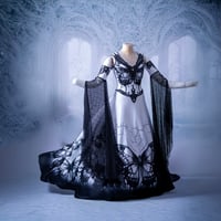 Image 1 of Gothic Black and White Wedding Dress with Beaded Butterfly Print, Bell Sleeves, and A-Line Skirt - P