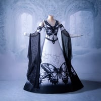 Image 2 of Gothic Black and White Wedding Dress with Beaded Butterfly Print, Bell Sleeves, and A-Line Skirt - P