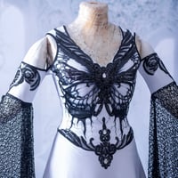 Image 3 of Gothic Black and White Wedding Dress with Beaded Butterfly Print, Bell Sleeves, and A-Line Skirt - P