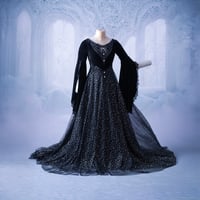 Image 1 of Gothic Velvet Wedding Dress with Bell Sleeves, Tulle Skirt with Silver Stars, and Beaded Lace 