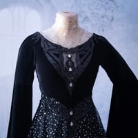 Image 2 of Gothic Velvet Wedding Dress with Bell Sleeves, Tulle Skirt with Silver Stars, and Beaded Lace 