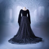 Image 3 of Gothic Velvet Wedding Dress with Bell Sleeves, Tulle Skirt with Silver Stars, and Beaded Lace 