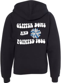 Image 1 of BUBBLE-LETTER HOODIE - GLITTER BOWS AND POINTED TOES