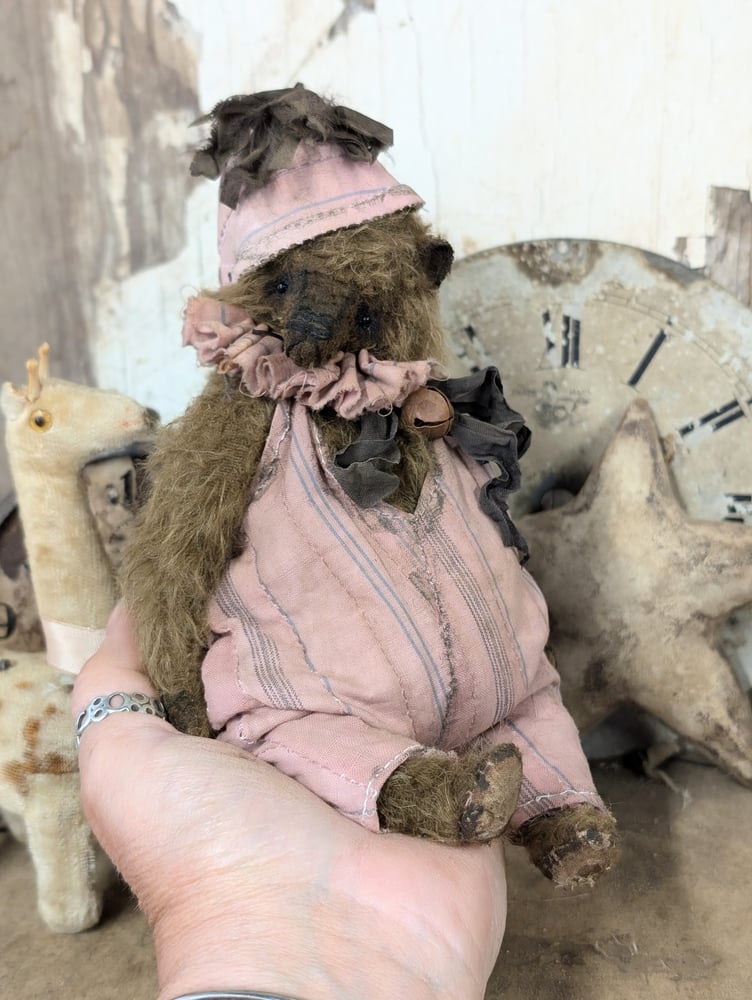 Image of 7"  Vintage Carnival mohair Teddy Bear w/ aged handmade romper outfit by Whendi's Bears