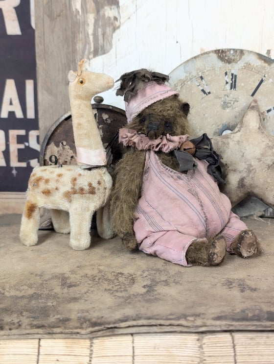 Image of 7"  Vintage Carnival mohair Teddy Bear w/ aged handmade romper outfit by Whendi's Bears