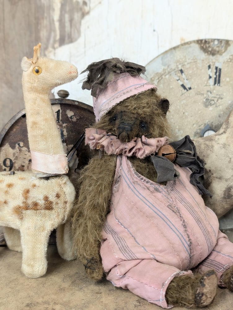 Image of 7"  Vintage Carnival mohair Teddy Bear w/ aged handmade romper outfit by Whendi's Bears