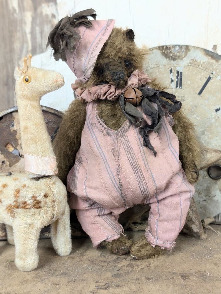 Image of 7"  Vintage Carnival mohair Teddy Bear w/ aged handmade romper outfit by Whendi's Bears