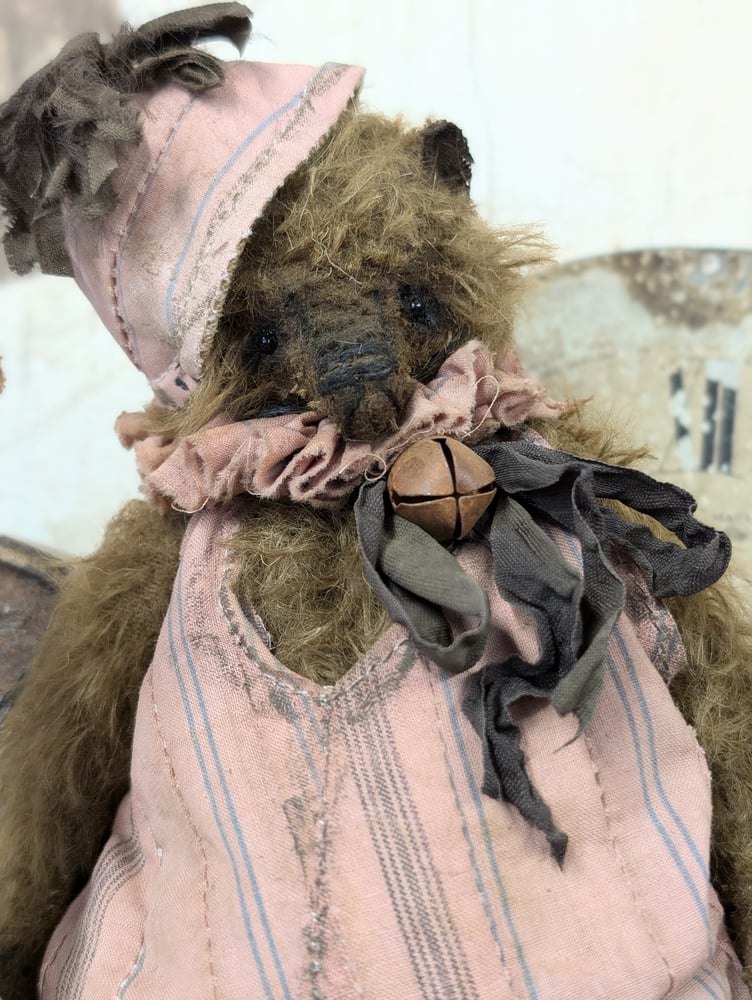 Image of 7"  Vintage Carnival mohair Teddy Bear w/ aged handmade romper outfit by Whendi's Bears