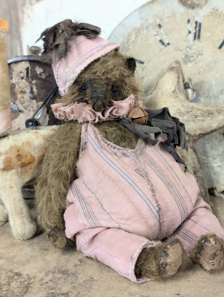 Image of 7"  Vintage Carnival mohair Teddy Bear w/ aged handmade romper outfit by Whendi's Bears