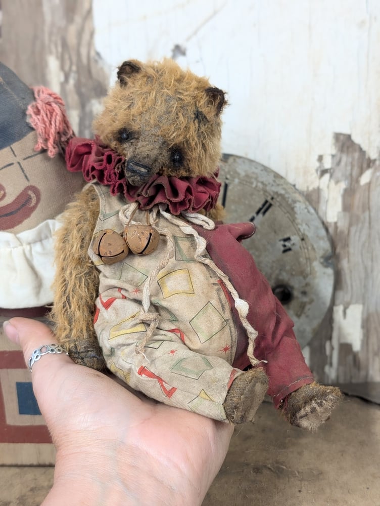 Image of 9"  Vintage Carnival mohair Teddy Bear w/ aged handmade romper outfit by Whendi's Bears