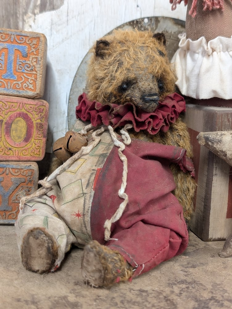 Image of 9"  Vintage Carnival mohair Teddy Bear w/ aged handmade romper outfit by Whendi's Bears