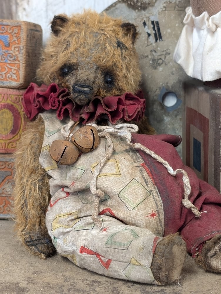 Image of 9"  Vintage Carnival mohair Teddy Bear w/ aged handmade romper outfit by Whendi's Bears