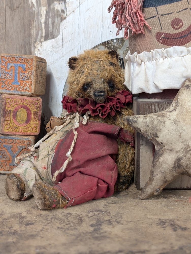 Image of 9"  Vintage Carnival mohair Teddy Bear w/ aged handmade romper outfit by Whendi's Bears