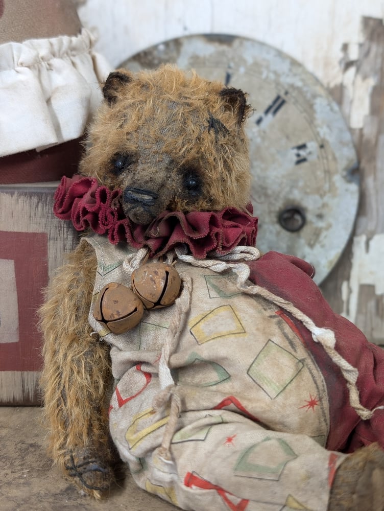 Image of 9"  Vintage Carnival mohair Teddy Bear w/ aged handmade romper outfit by Whendi's Bears